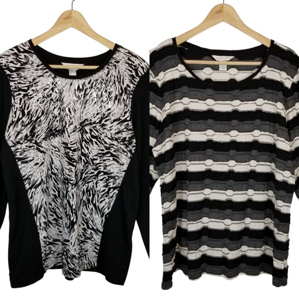 Christopher & Banks Lot of 2 Women's Jersey Knit Tops Black White Gray Silver XL